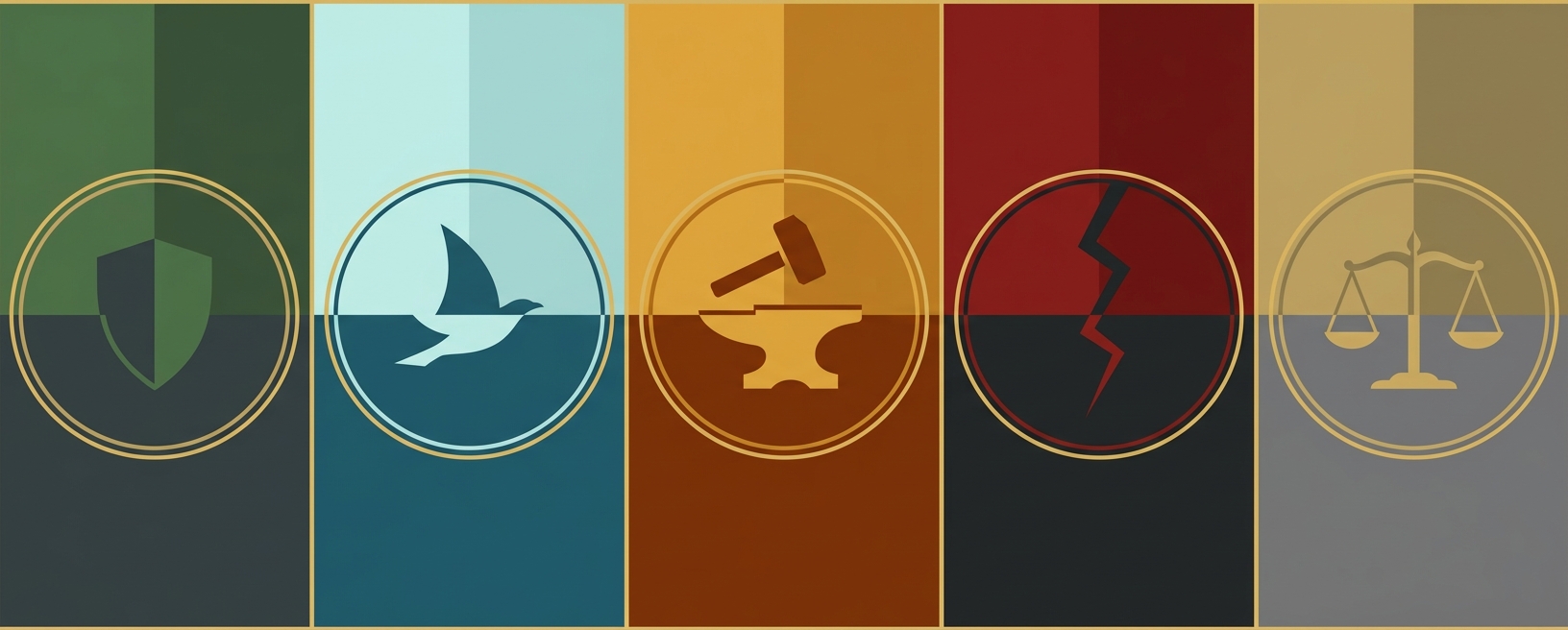 The five faction emblems: Aldern Wardens, Driftborn, Emberwrights, Duskraiders, Sunmarket Concord