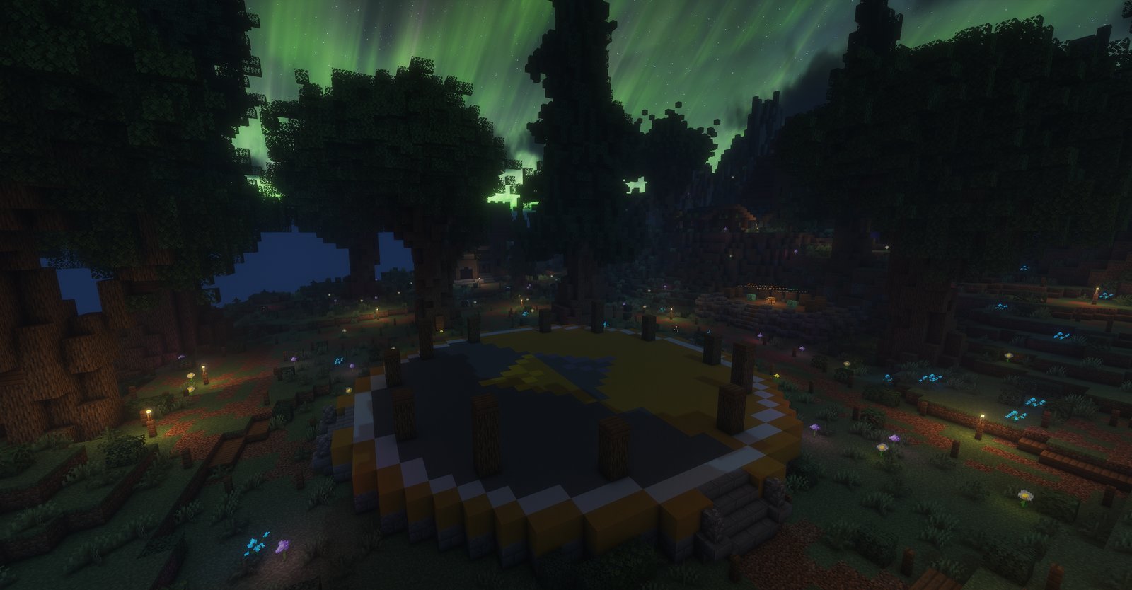 The hub at night, aurora overhead